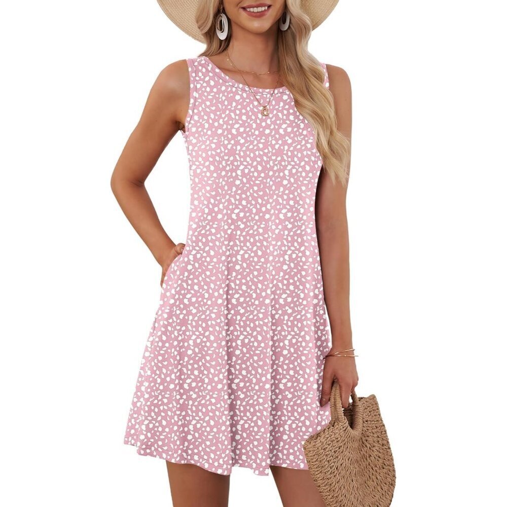 Women's Pink Horseshoe Sleeveless Crew Neck Summer Boho Beach Dress with Pockets